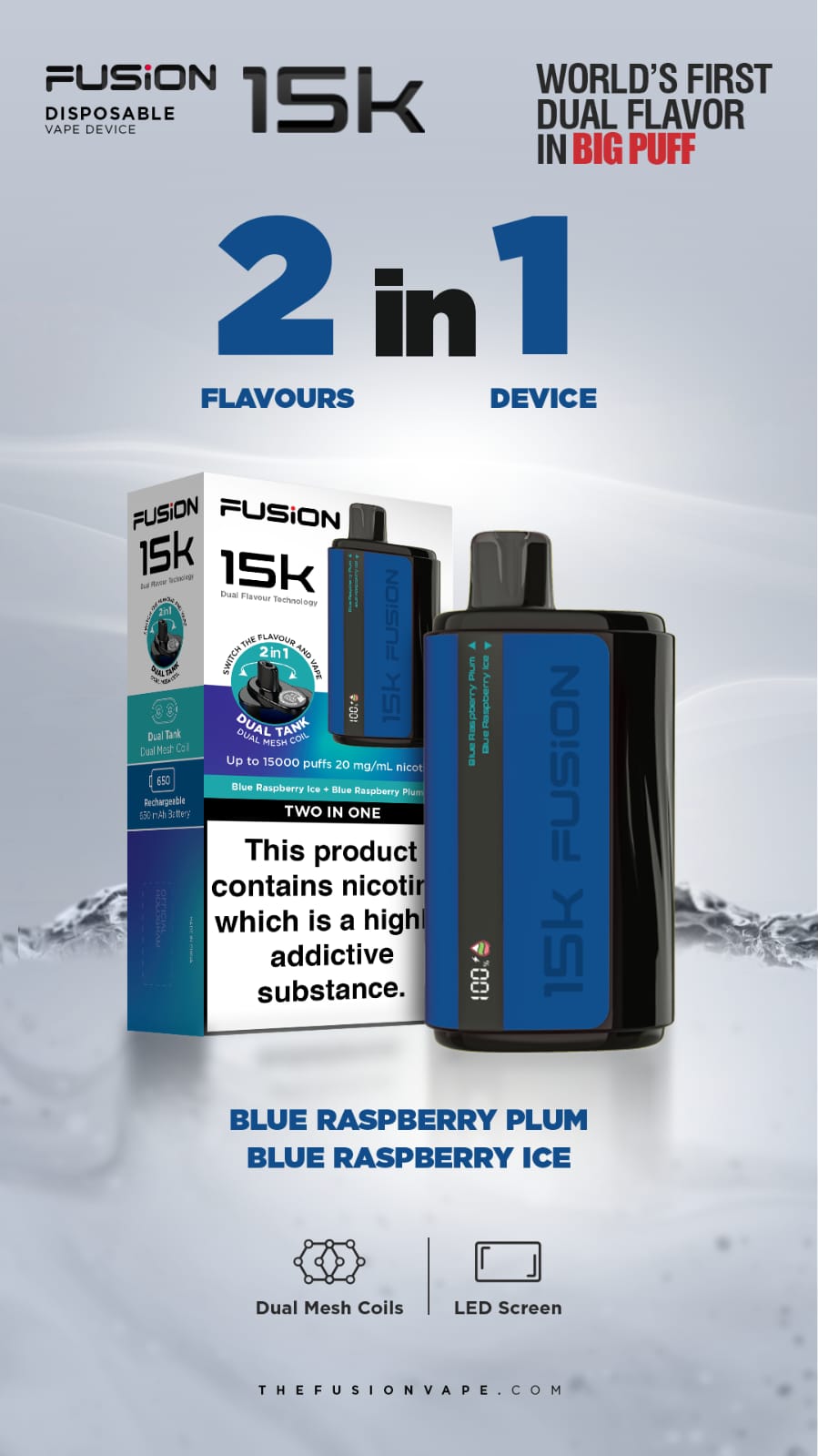 Fusion 15k Puffs 2 in 1 Disposable Vape Pod Kit Box of 5-Blue Raspberry Plum + Blue Raspberry Ice-vapeukwholesale