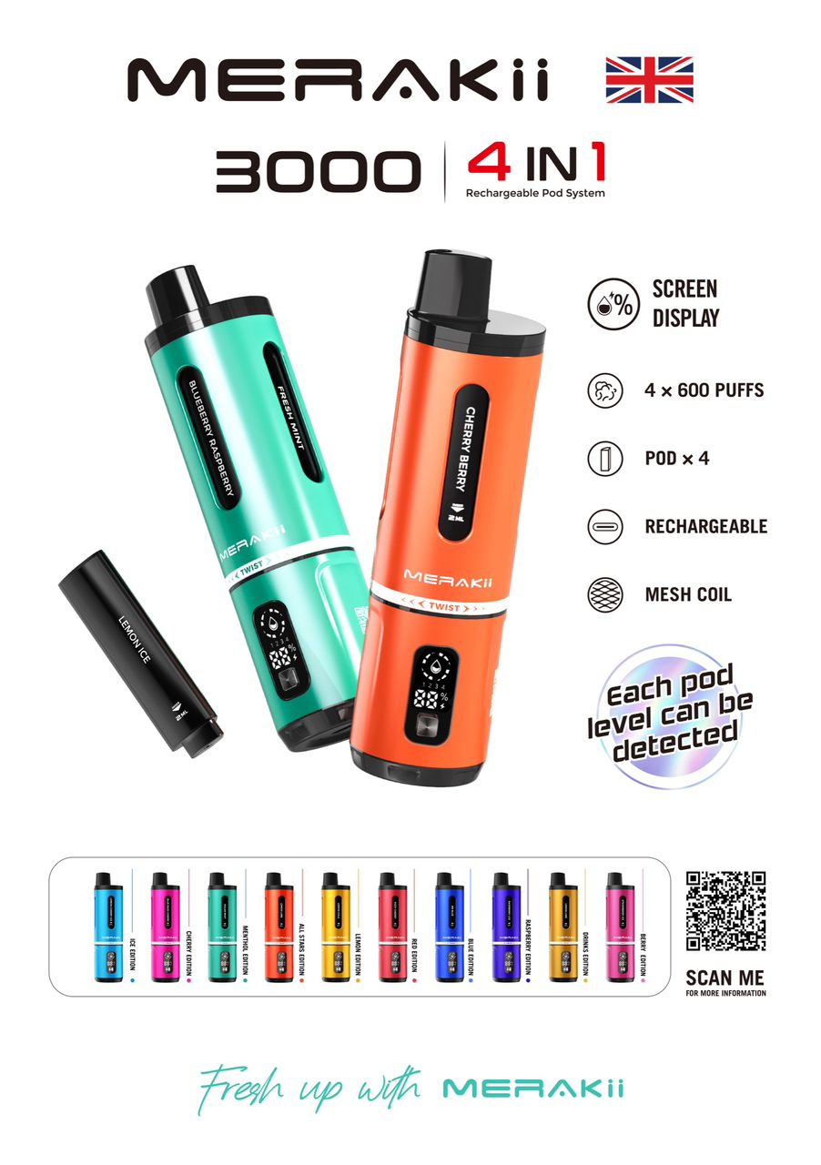 Merakii 3000 Puffs Disposable Vape Box of 5