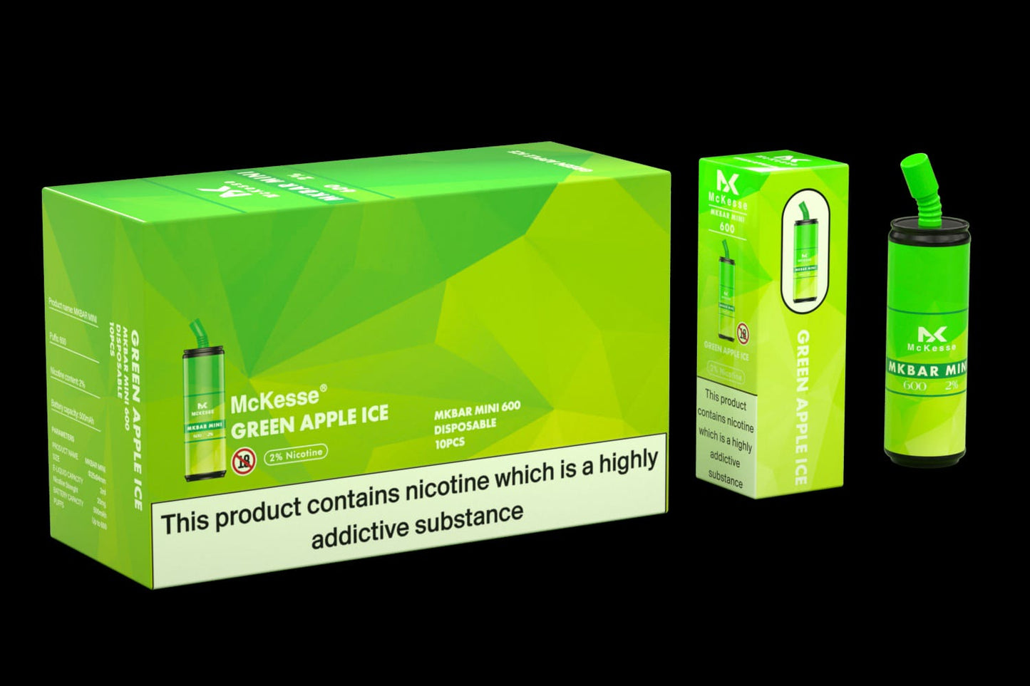 Mk Mini Bar 600 Puffs Disposable Vape Pod Box of 10-Green Apple Ice-vapeukwholesale