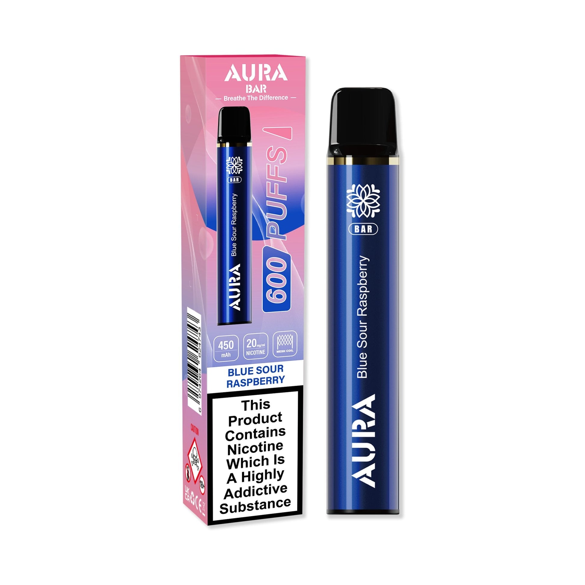 Aura Bar 600 Puffs Disposable Vape Pod Box of 10-Blue Sour Raspberry-vapeukwholesale