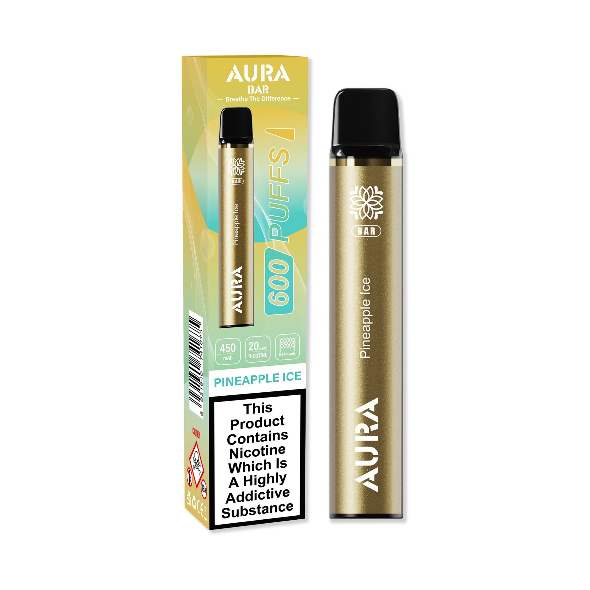 Aura Bar 600 Puffs Disposable Vape Pod Box of 10-Pineapple Ice-vapeukwholesale