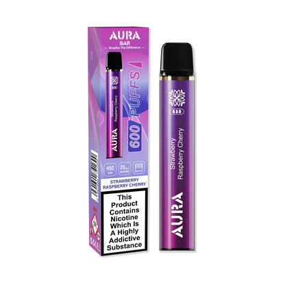 Aura Bar 600 Puffs Disposable Vape Pod Box of 10-Strawberry Raspberry Cherry-vapeukwholesale