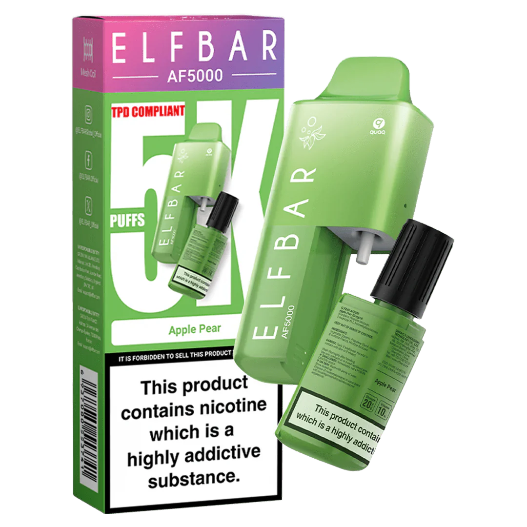 Elf Bar AF5000 Puffs Disposable Vape Device - Box of 5 - Apple Pear *New* - vapeukwholesale