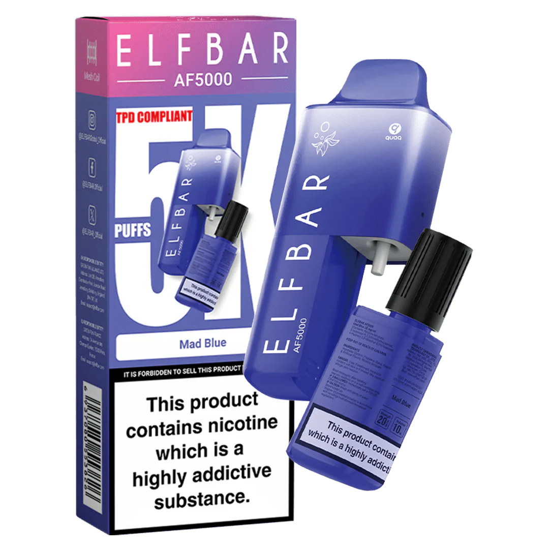 Elf Bar AF5000 Puffs Disposable Vape Device - Box of 5 - Mad Blue *New* - vapeukwholesale