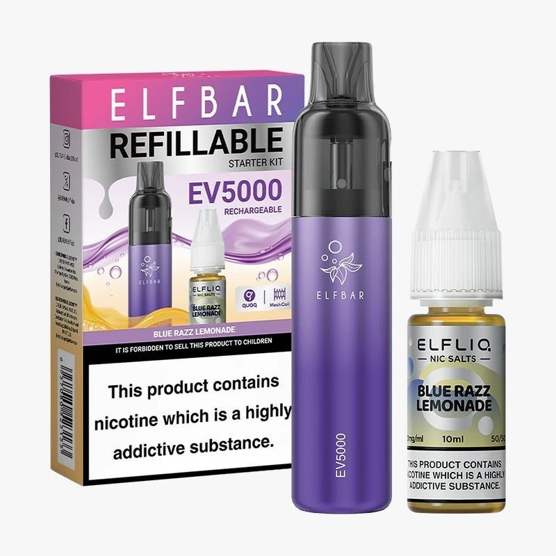 Elf Bar EV5000 Starter Kit & Elfliq Nic Salt 10ml E-Liquid Combo Pack-Blue Razz Lemonade-vapeukwholesale