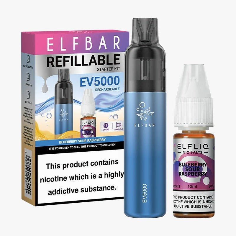 Elf Bar EV5000 Starter Kit & Elfliq Nic Salt 10ml E-Liquid Combo Pack-Blueberry Sour Raspberry-vapeukwholesale