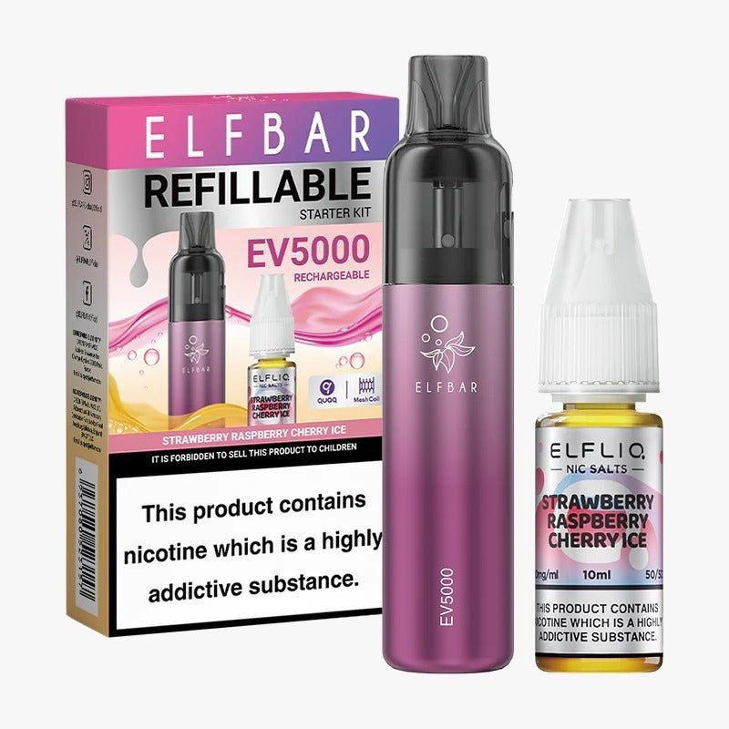 Elf Bar EV5000 Starter Kit & Elfliq Nic Salt 10ml E-Liquid Combo Pack-Strawberry Raspberry Cherry Ice-vapeukwholesale