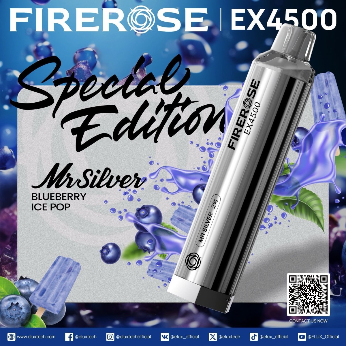 Firerose 4500 Puffs Special Edition Disposable Vape (Box of 10)-Mr Silver Edition (Blueberry Ice Pop)-vapeukwholesale