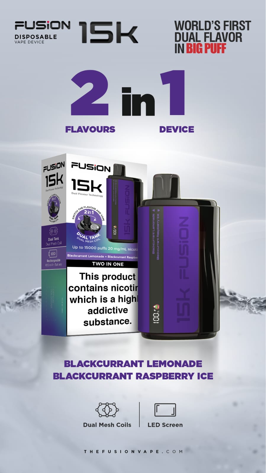 Fusion 15k Puffs 2 in 1 Disposable Vape Pod Kit Box of 5-Blackcurrant Lemonade + Blackcurrant Raspberry Ice-vapeukwholesale