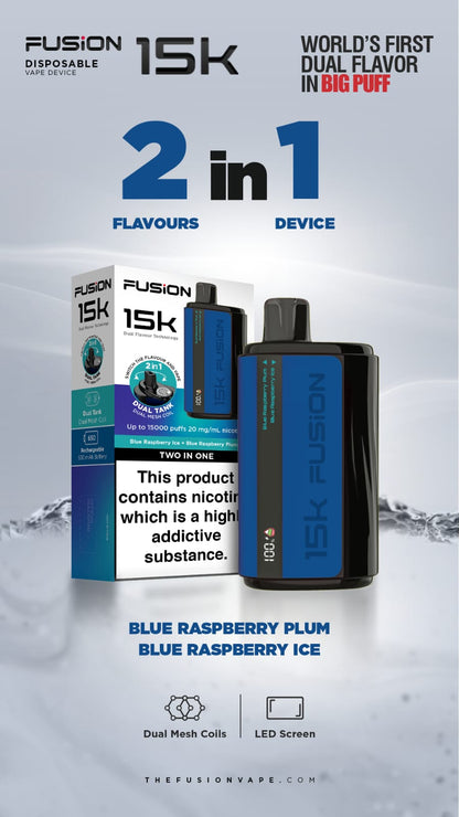 Fusion 15k Puffs 2 in 1 Disposable Vape Pod Kit Box of 5-Blue Raspberry Plum + Blue Raspberry Ice-vapeukwholesale