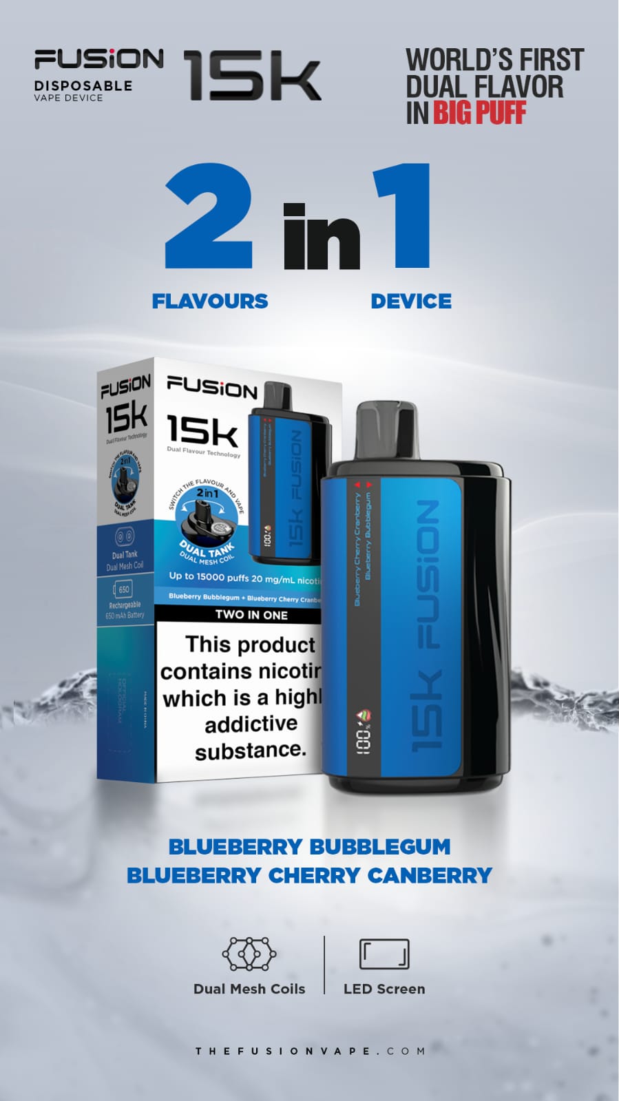 Fusion 15k Puffs 2 in 1 Disposable Vape Pod Kit Box of 5-Blueberry Bubblegum + Blueberry Cherry Cranberry-vapeukwholesale