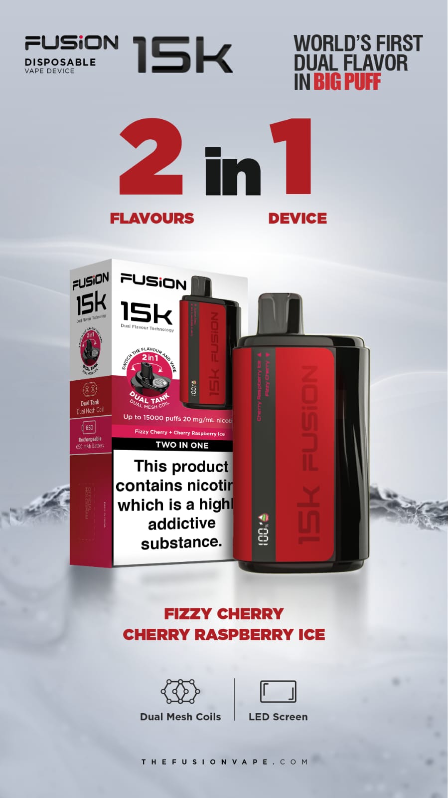 Fusion 15k Puffs 2 in 1 Disposable Vape Pod Kit Box of 5-Fizzy Cherry + Cherry Raspberry-vapeukwholesale