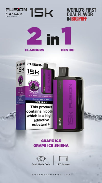 Fusion 15k Puffs 2 in 1 Disposable Vape Pod Kit Box of 5-Grape Ice + Grape Ice Shisha-vapeukwholesale