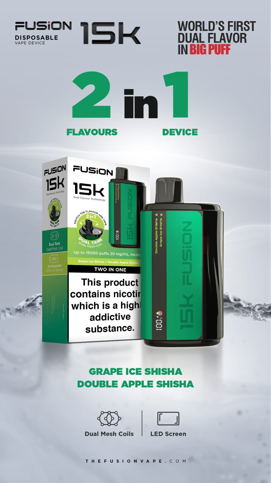 Fusion 15k Puffs 2 in 1 Disposable Vape Pod Kit Box of 5-Grape Ice Shisha + Double Apple Shisha-vapeukwholesale