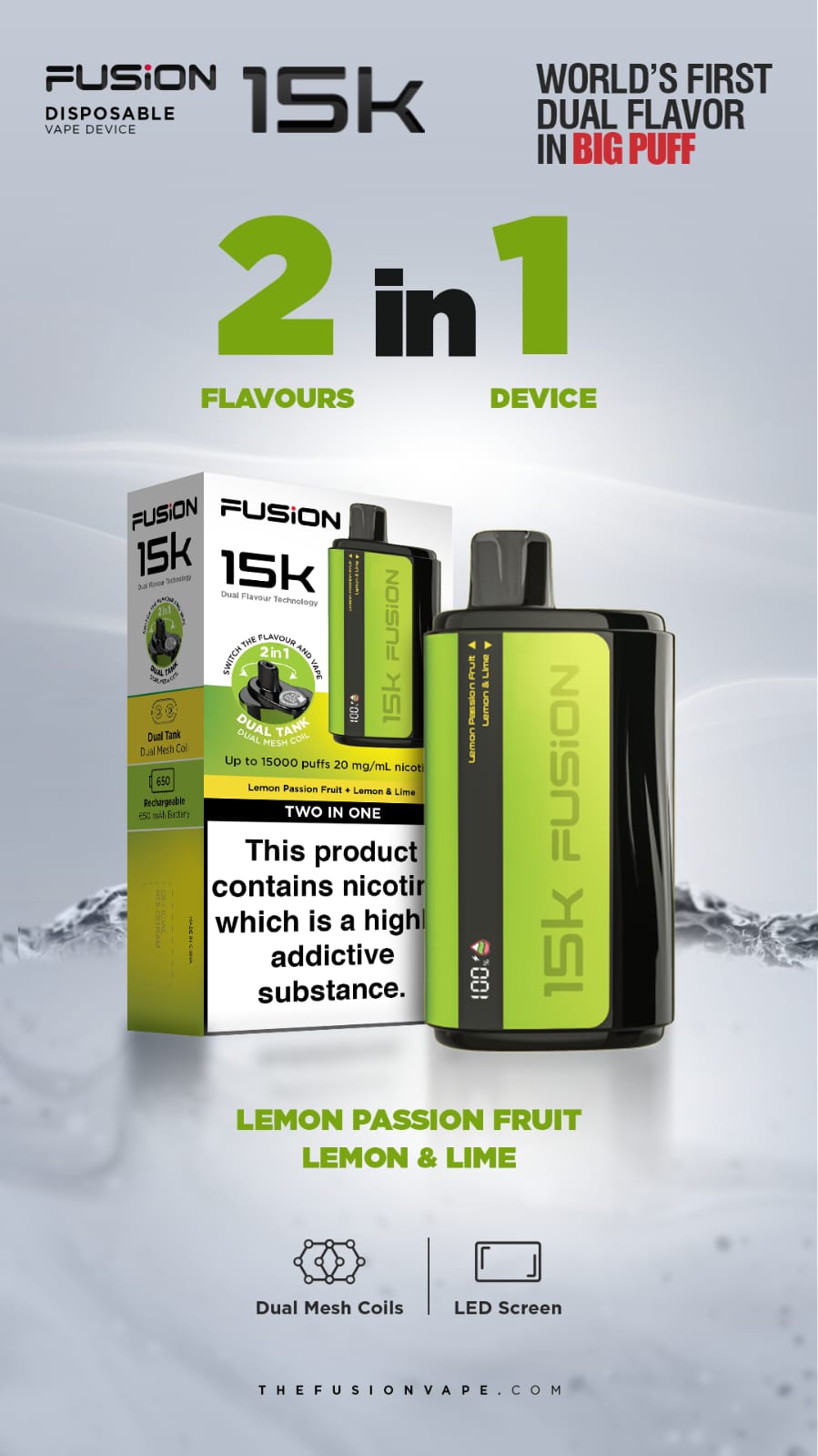 Fusion 15k Puffs 2 in 1 Disposable Vape Pod Kit Box of 5-Lemon Passion Fruit + Lemon Lime-vapeukwholesale