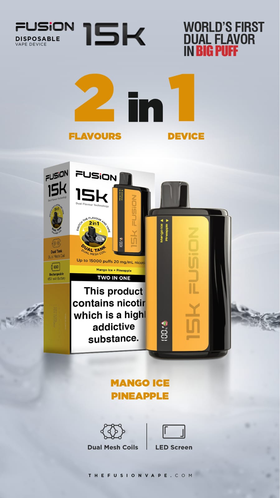 Fusion 15k Puffs 2 in 1 Disposable Vape Pod Kit Box of 5-Mango Ice + Pineapple-vapeukwholesale