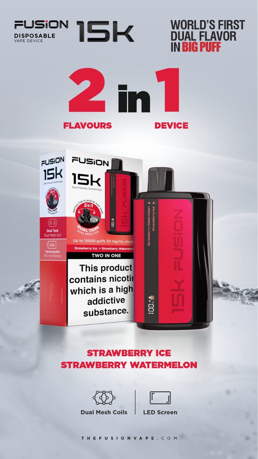 Fusion 15k Puffs 2 in 1 Disposable Vape Pod Kit Box of 5-Strawberry Ice + Strawberry Watermelon-vapeukwholesale