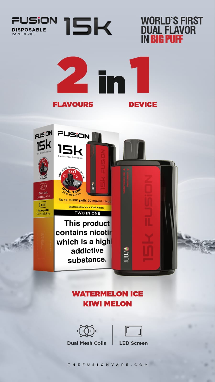 Fusion 15k Puffs 2 in 1 Disposable Vape Pod Kit Box of 5-Watermelon Ice + Kiwi Melon-vapeukwholesale