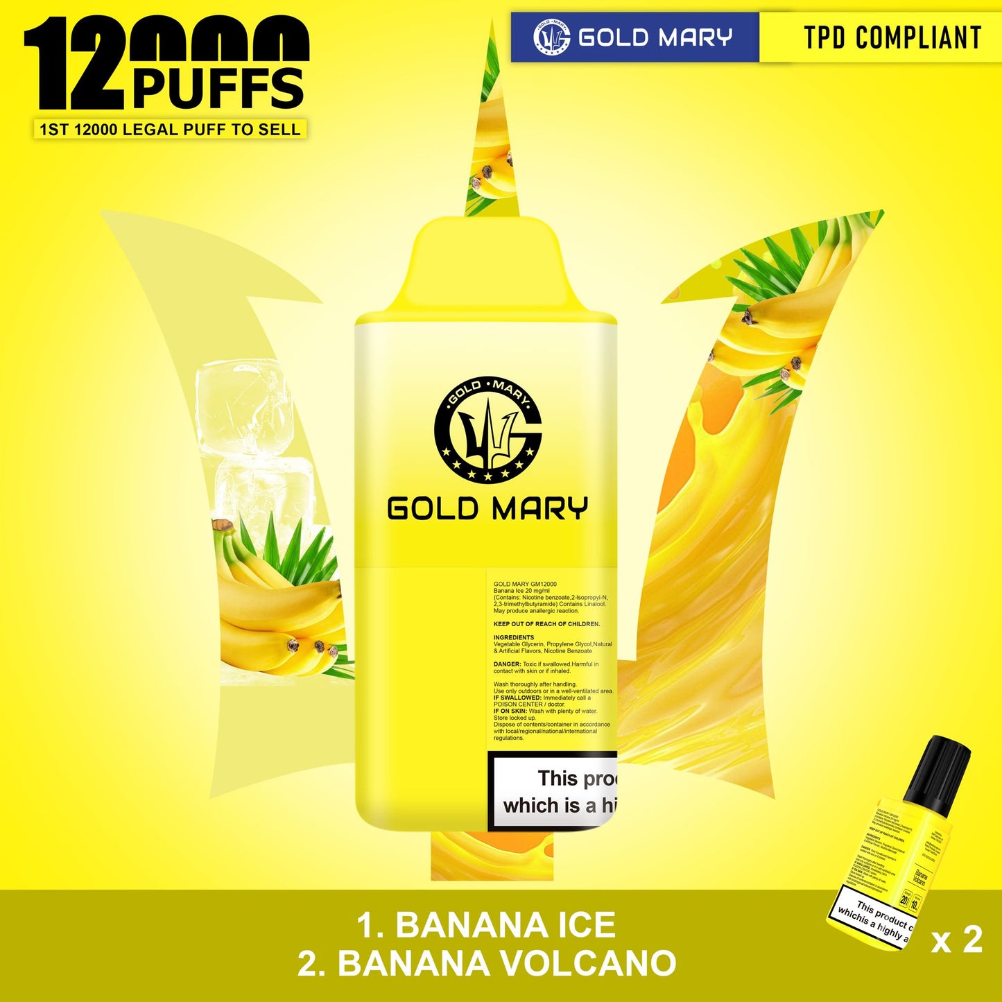 Gold Mary 12000 Puffs Disposable Vape Box of 5 - Banana Ice/Banana Volcano - vapeukwholesale