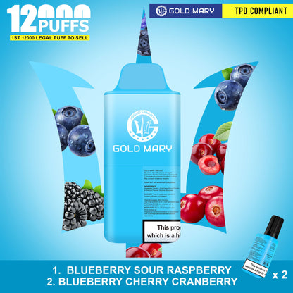 Gold Mary 12000 Puffs Disposable Vape Box of 5 - Blue Sour Raspberry/Blueberry Cherry Cranberry - vapeukwholesale