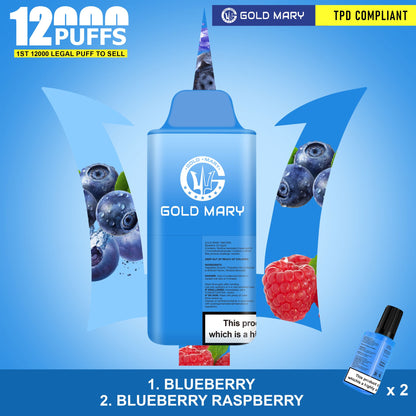 Gold Mary 12000 Puffs Disposable Vape Box of 5 - Blueberry/Blueberry Raspberry - vapeukwholesale