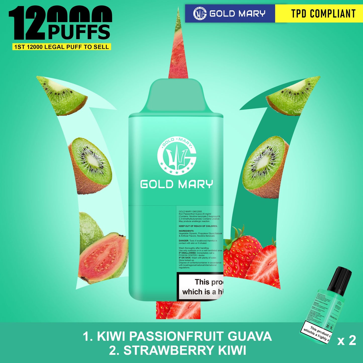 Gold Mary 12000 Puffs Disposable Vape Box of 5 - Kiwi Passionfruit Guava/Strawberry Kiwi - vapeukwholesale