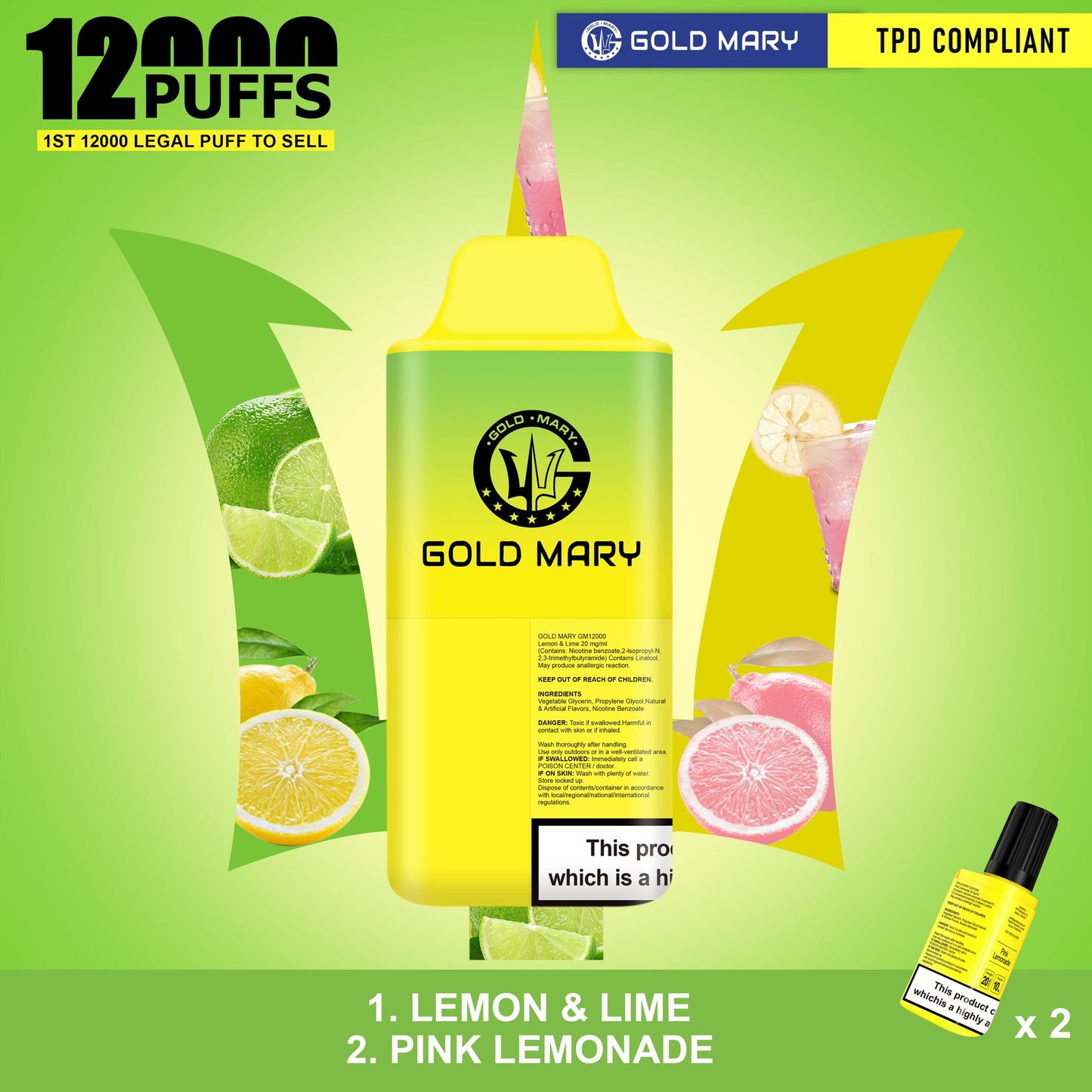 Gold Mary 12000 Puffs Disposable Vape Box of 5 - Lemon Lime/Pink Lemonade - vapeukwholesale