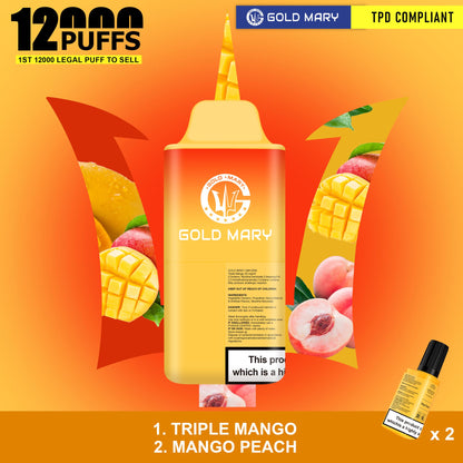 Gold Mary 12000 Puffs Disposable Vape Box of 5 - Triple Mango/Mango Peach - vapeukwholesale