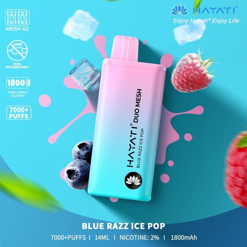 Hayati Duo Mesh 7000 Disposable Vape Puff Bar Pod Box of 10-Blue Razz Ice Pop-vapeukwholesale