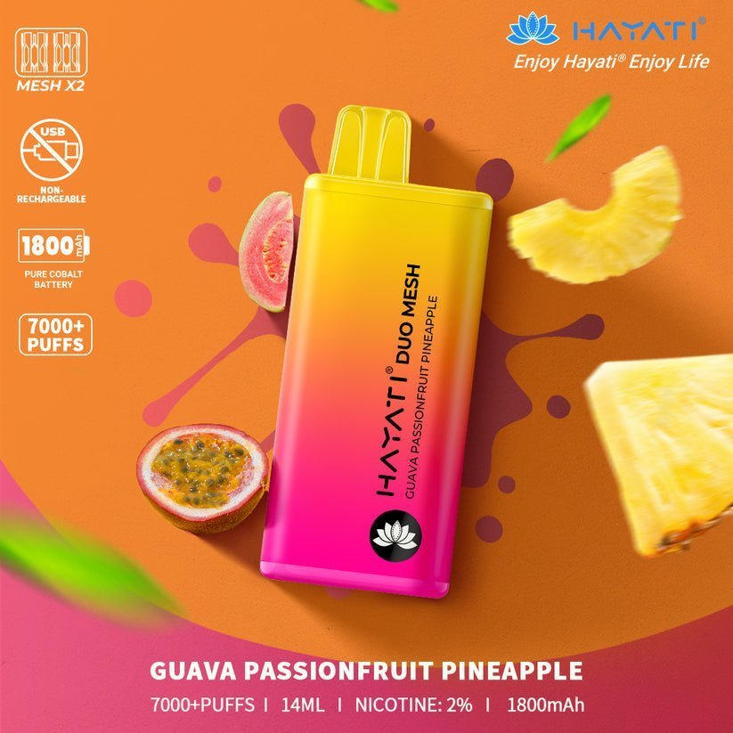 Hayati Duo Mesh 7000 Disposable Vape Puff Bar Pod Box of 10-Guava Passionfruit Pineapple-vapeukwholesale