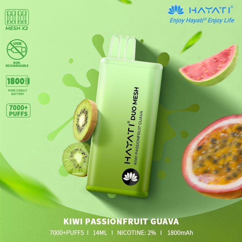 Hayati Duo Mesh 7000 Disposable Vape Puff Bar Pod Box of 10-Kiwi Passionfruit Guava-vapeukwholesale