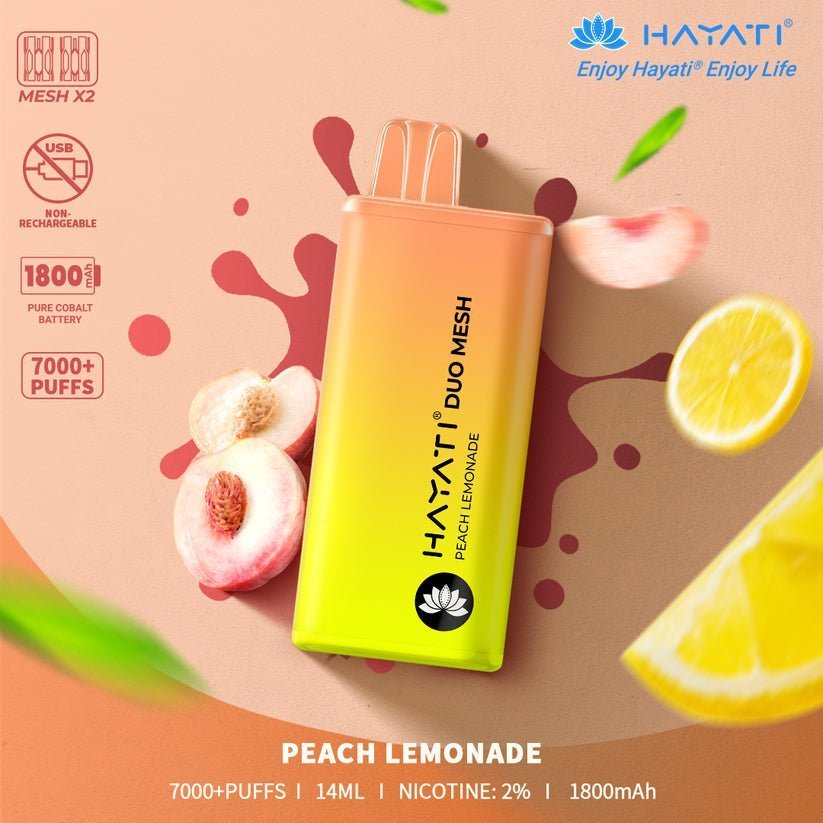 Hayati Duo Mesh 7000 Disposable Vape Puff Bar Pod Box of 10-Peach Lemonade-vapeukwholesale