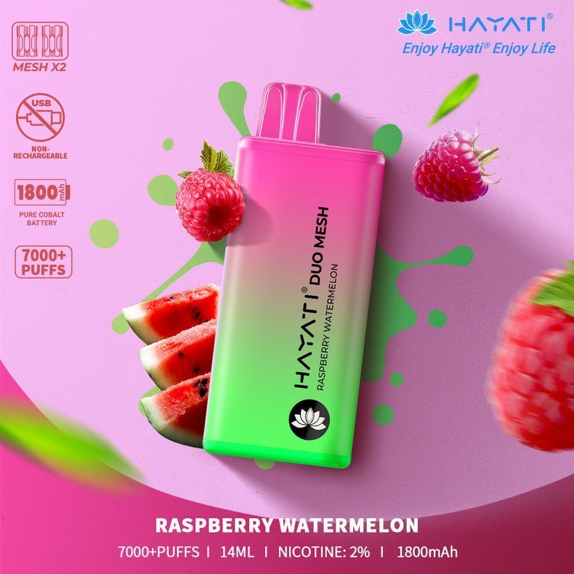 Hayati Duo Mesh 7000 Disposable Vape Puff Bar Pod Box of 10-Raspberry Watermelon-vapeukwholesale