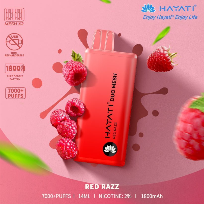 Hayati Duo Mesh 7000 Disposable Vape Puff Bar Pod Box of 10-Red Razz-vapeukwholesale