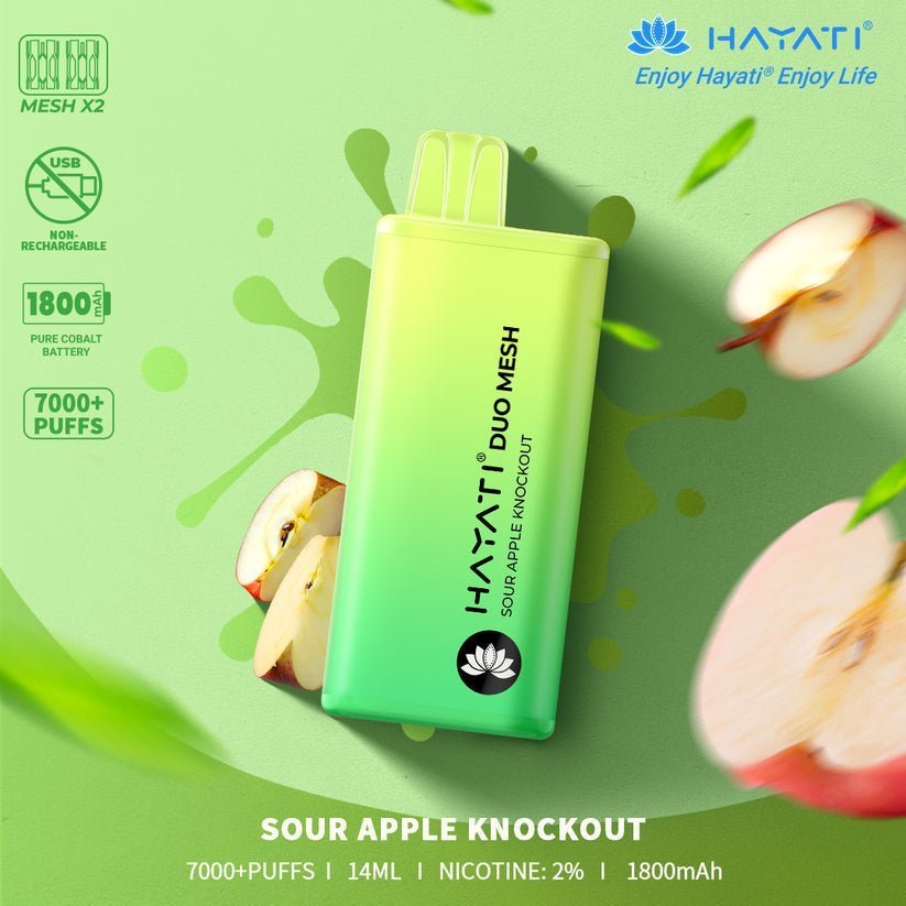 Hayati Duo Mesh 7000 Disposable Vape Puff Bar Pod Box of 10-Sour Apple Knockout-vapeukwholesale