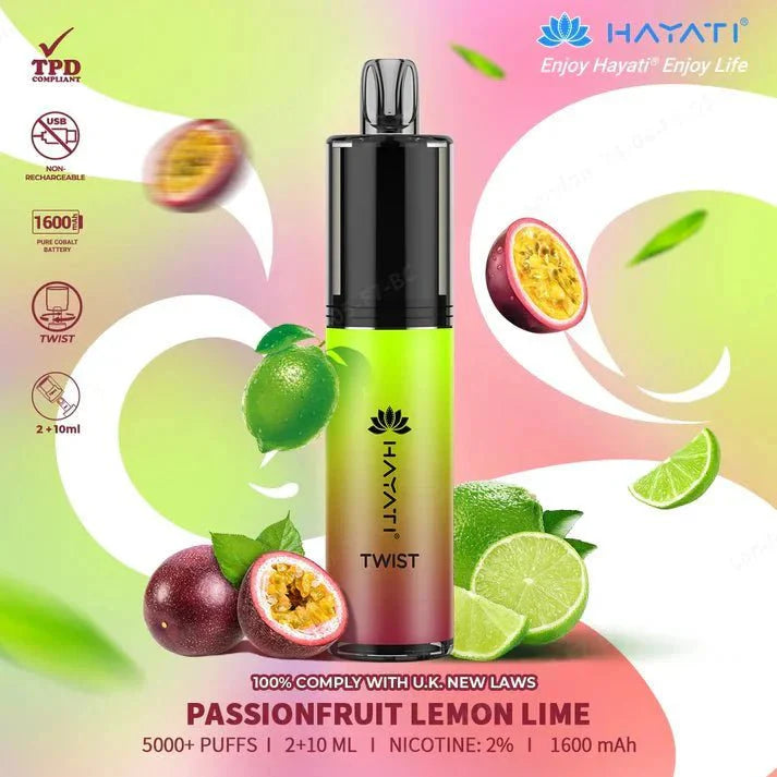 Hayati Twist 5000 Puffs Disposable Vape Pod Kit Box of 10-Passion Fruit Lemon Lime-vapeukwholesale