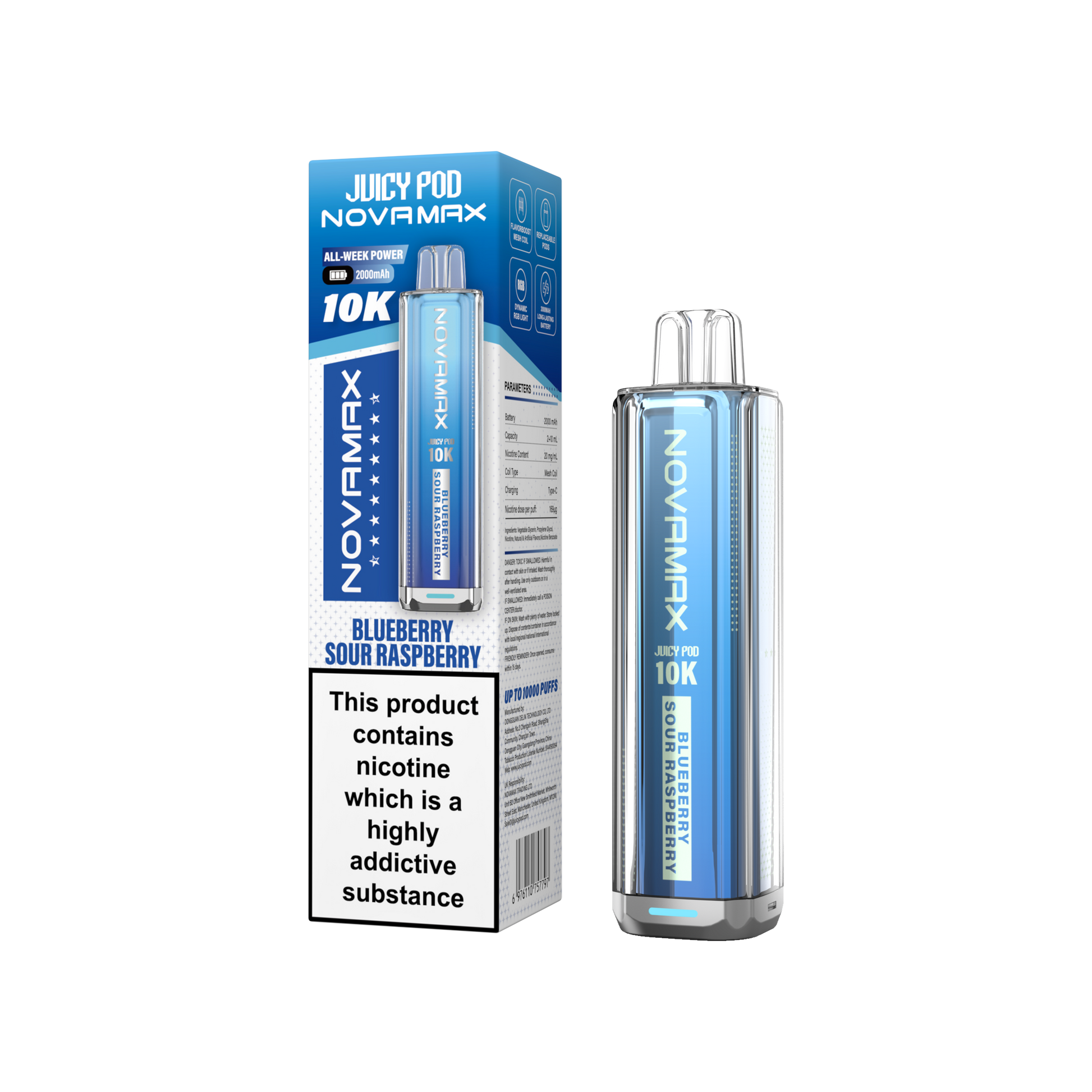 Juicy Pod Novamax 10k Prefilled Pod Vape Kit - Pack of 5 available in Blue Sour Raspberry Flavour at UK Vaper Wholesale