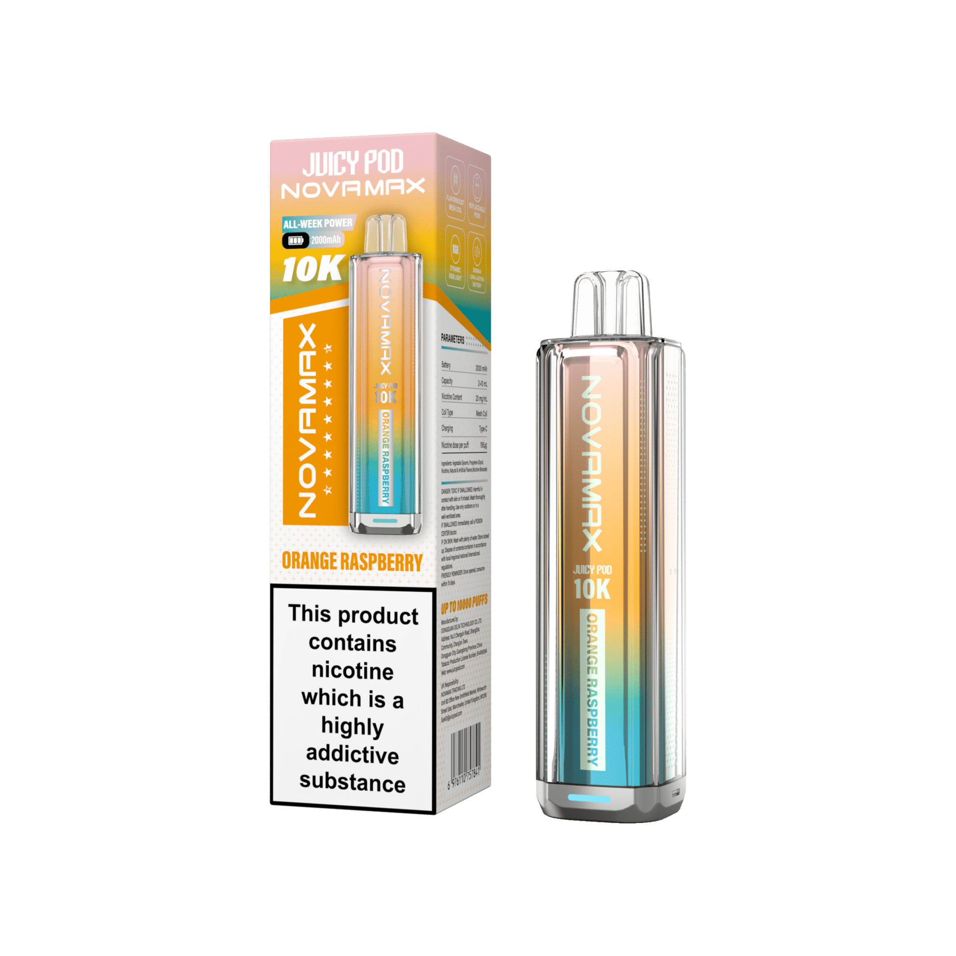 Juicy Pod Novamax 10k Prefilled Pod Vape Kit - Pack of 5 available in Orange Raspberry Flavour at UK Vaper Wholesale
