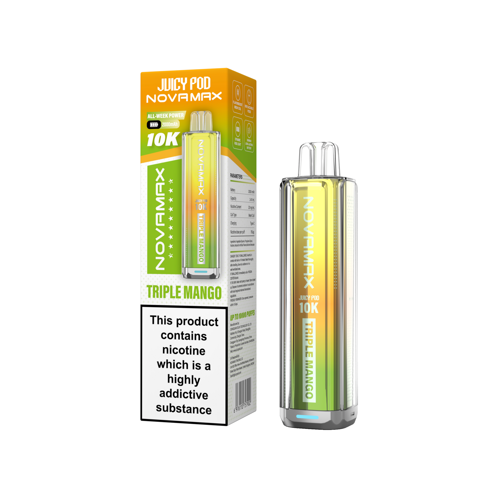 Juicy Pod Novamax 10k Prefilled Pod Vape Kit - Pack of 5 available in Triple Mango Flavour at UK Vaper Wholesale