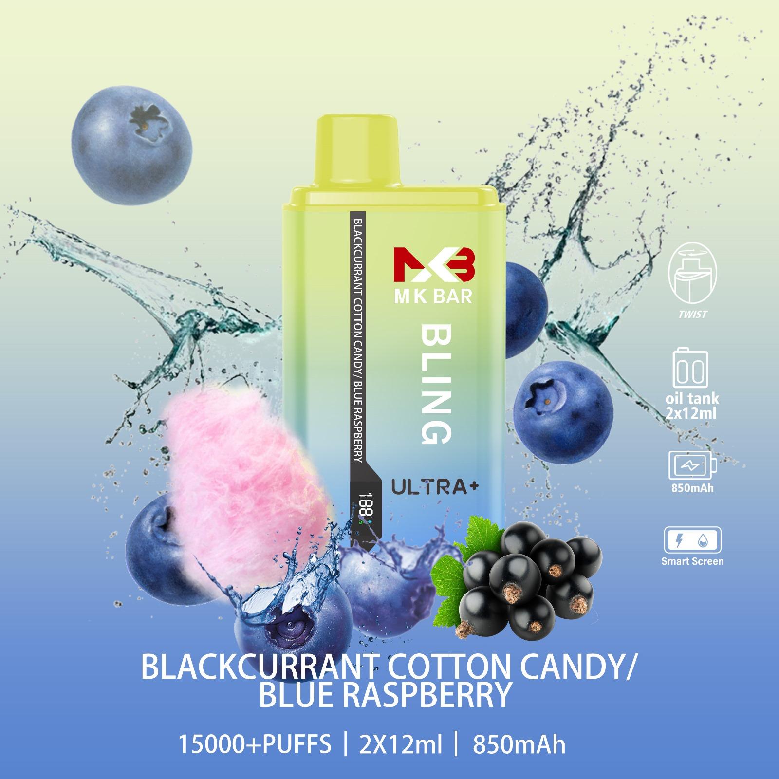 MK Bling Ultra 15000 Puffs Disposable Vape Box of 10 - Blackcurrant Cotton Candy / Blue Raspberry - vapeukwholesale