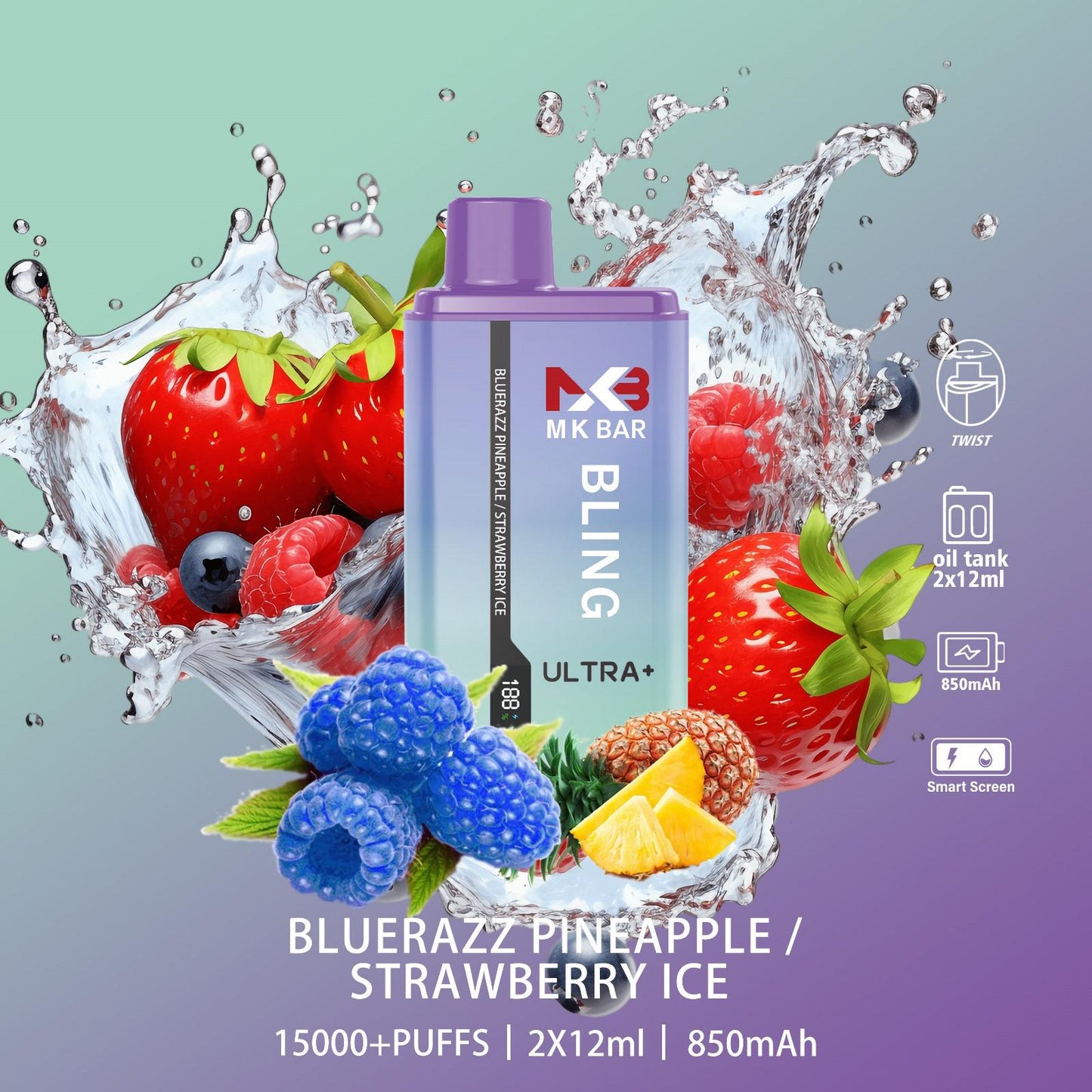 MK Bling Ultra 15000 Puffs Disposable Vape Box of 10 - Blue Razz Pineapple / Strawberry Ice - vapeukwholesale