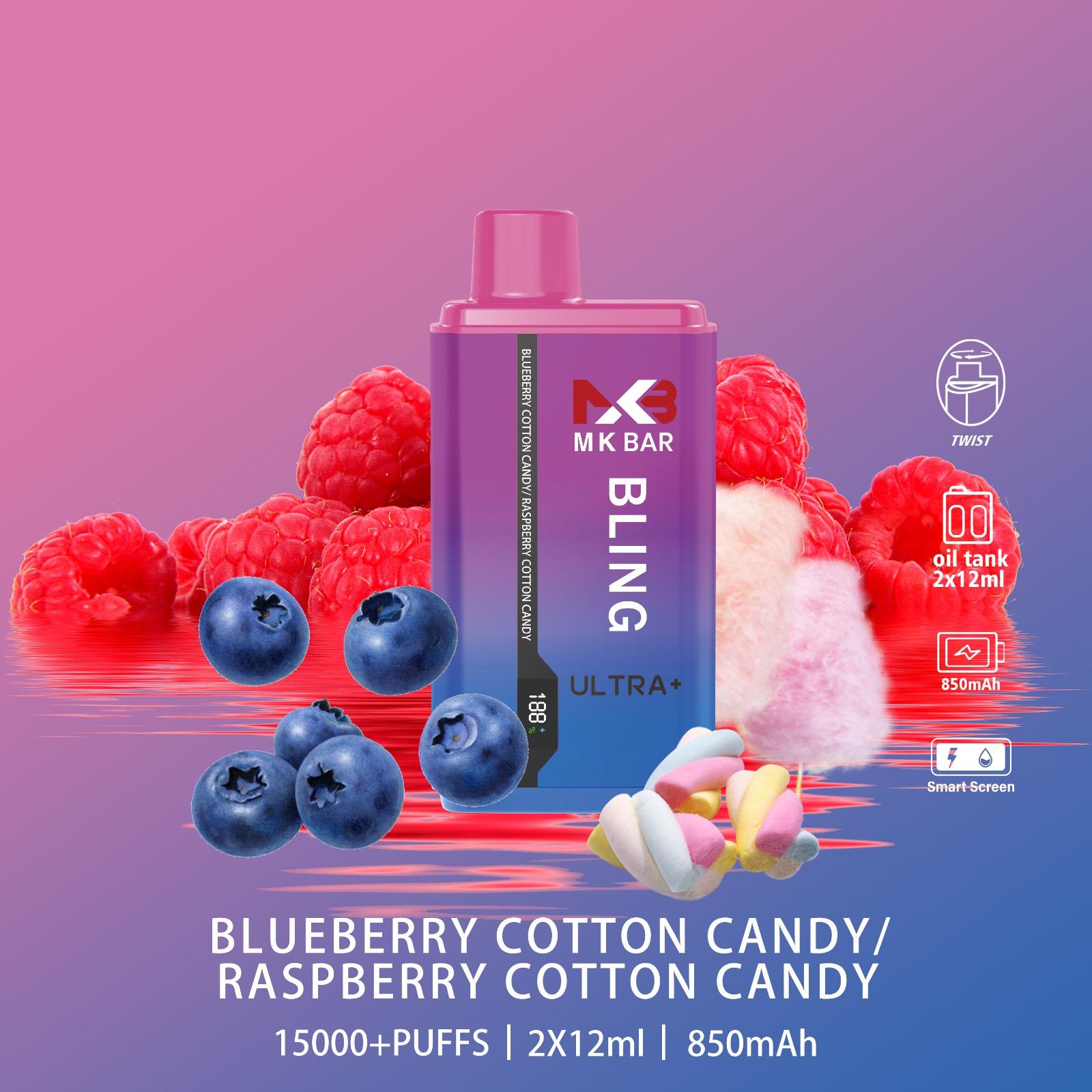 MK Bling Ultra 15000 Puffs Disposable Vape Box of 10 - Blueberry Cotton Candy / Raspberry Cotton Candy - vapeukwholesale