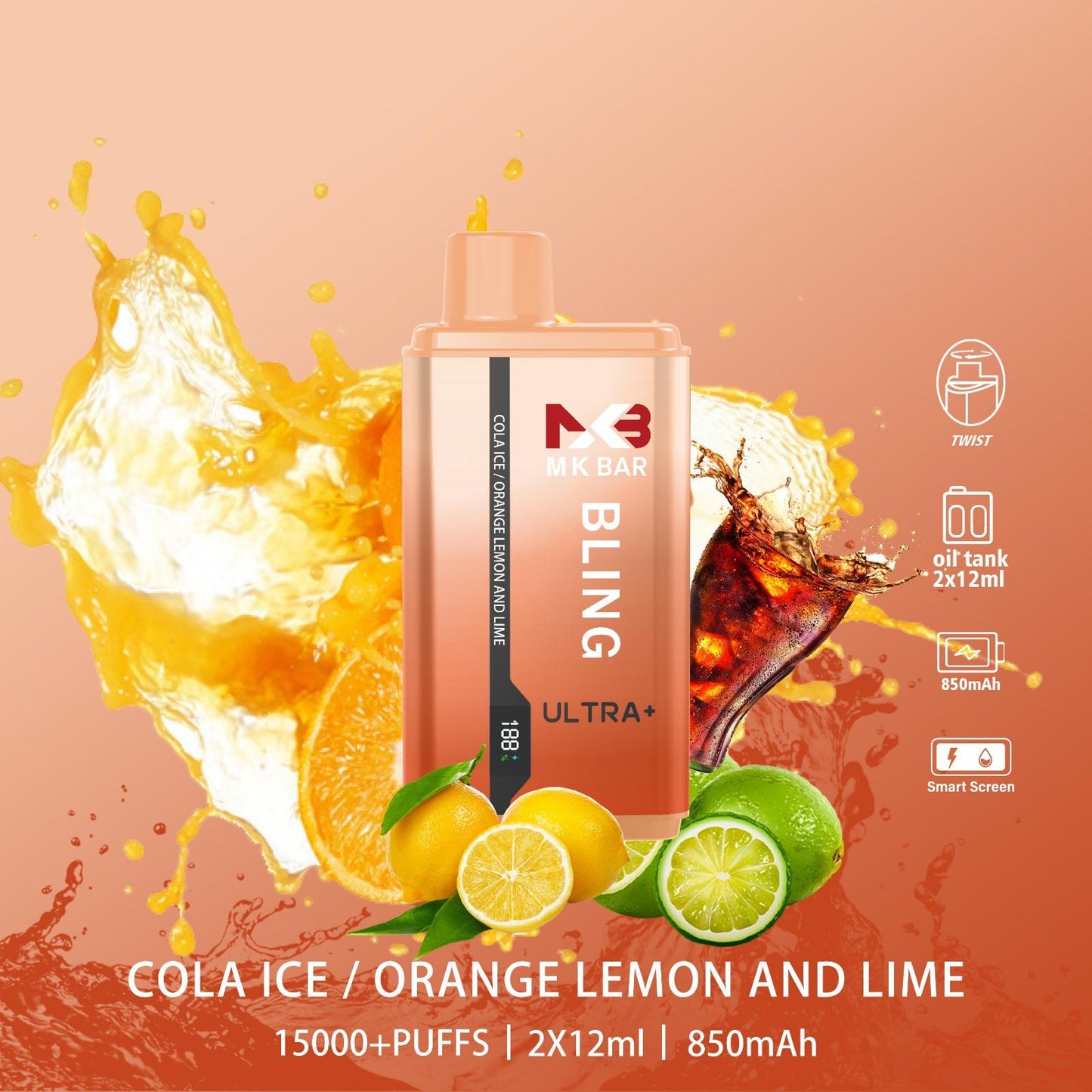 MK Bling Ultra 15000 Puffs Disposable Vape Box of 10 - Cola Ice / Orange Lemon and Lime - vapeukwholesale