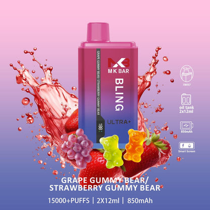 MK Bling Ultra 15000 Puffs Disposable Vape Box of 10 - Grape Gummy Bear / Strawberry Gummy Bear - vapeukwholesale