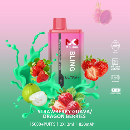 MK Bling Ultra 15000 Puffs Disposable Vape Box of 10 - Strawberry Guava / Dragon Berries - vapeukwholesale