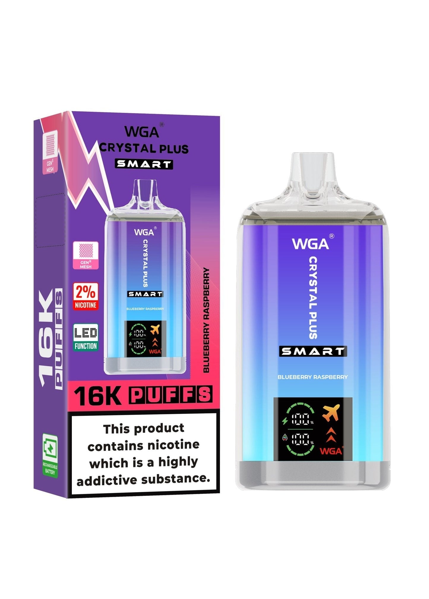 WGA Crystal Plus Smart 16000 Puffs Disposable Vape Box of 10 - Blueberry Raspberry - vapeukwholesale