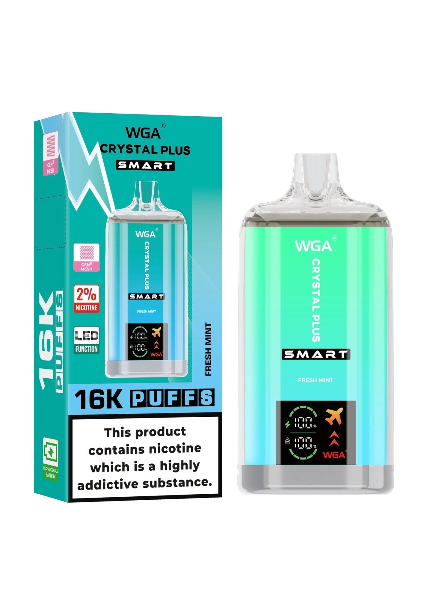 WGA Crystal Plus Smart 16000 Puffs Disposable Vape Box of 10 - Fresh Mint - vapeukwholesale