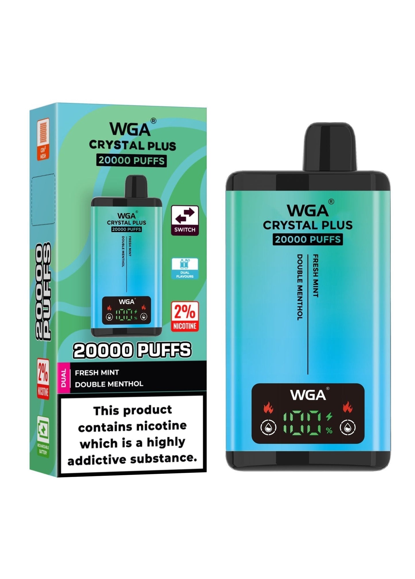 Zero Nicotine WGA Crystal Plus 20000 Disposable Vape - Box of 10 - Fresh Mint/Double Menthol - vapeukwholesale