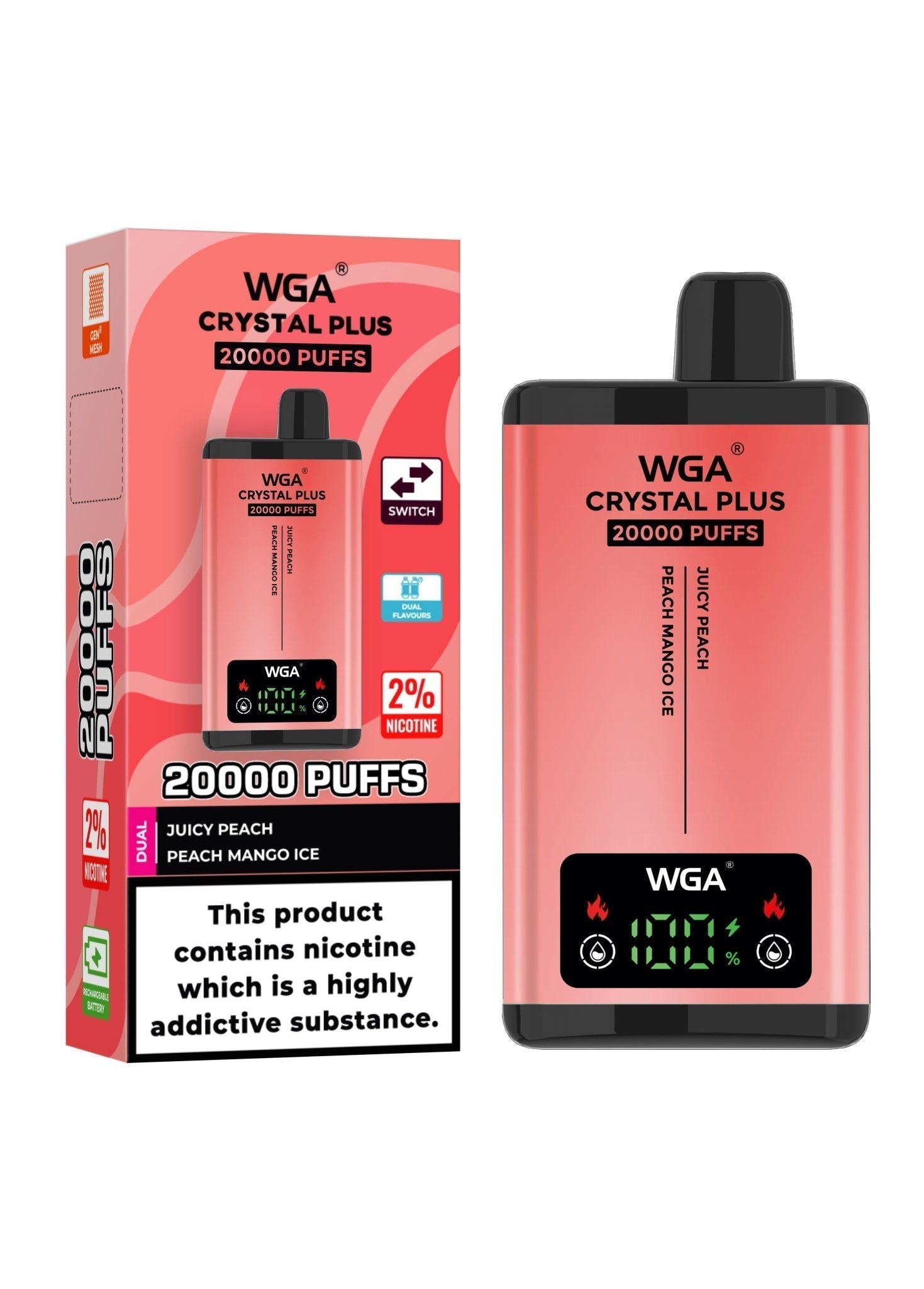 Zero Nicotine WGA Crystal Plus 20000 Disposable Vape - Box of 10 - Juicy Peach/Peach Mango Ice - vapeukwholesale