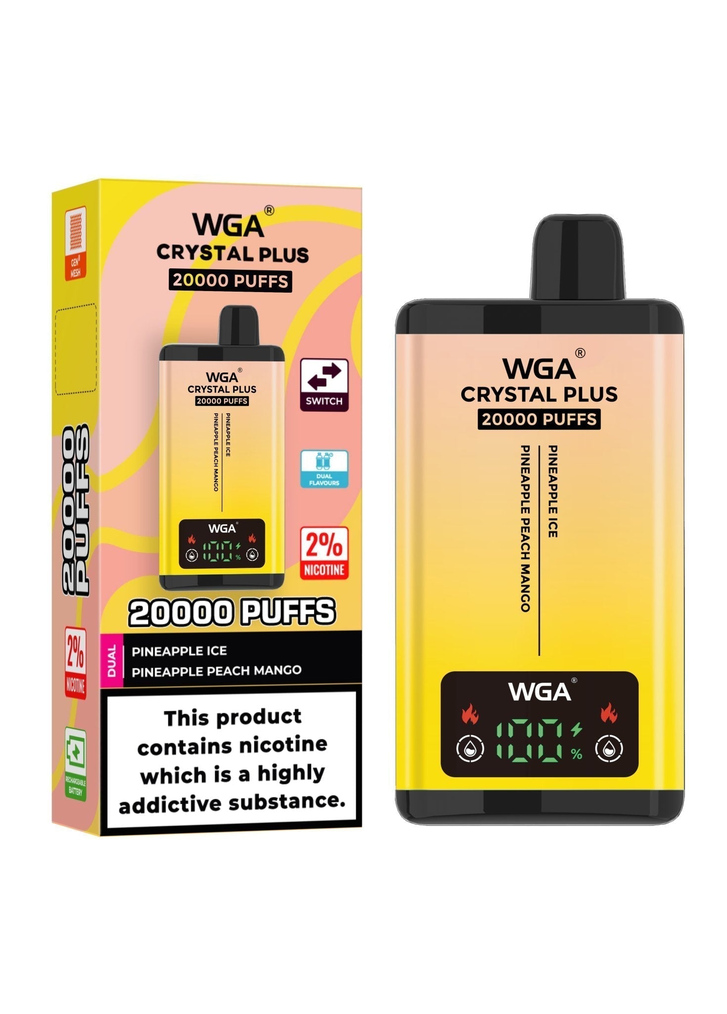 Zero Nicotine WGA Crystal Plus 20000 Disposable Vape - Box of 10 - Pineapple Ice/Pineapple Peach Mango - vapeukwholesale